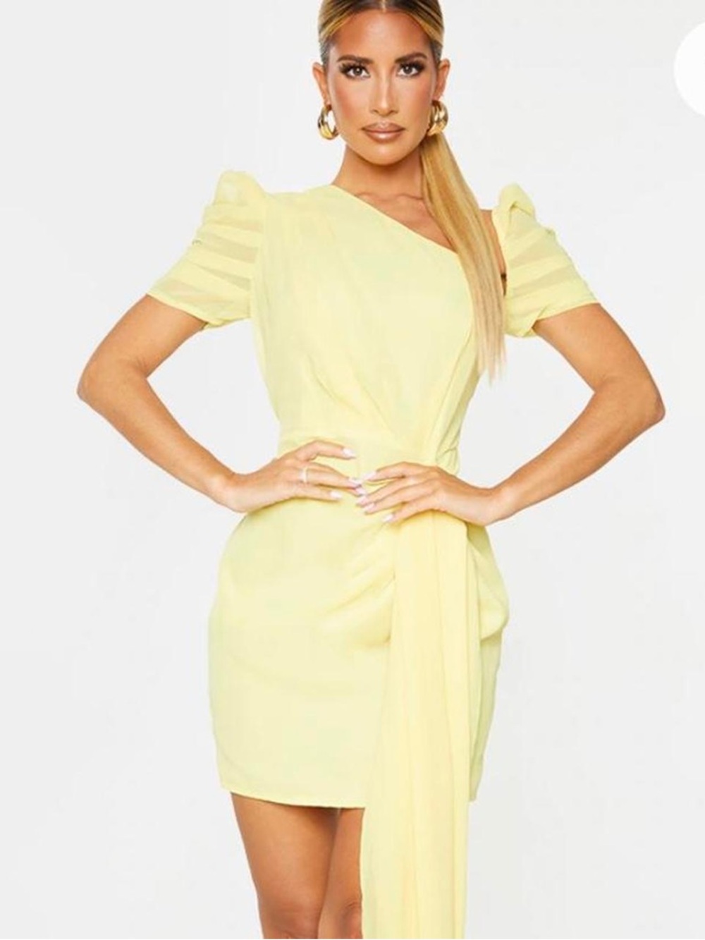 PrettyLittleThing Lemon Chiffon One Shoulder Draped Bodycon Dress